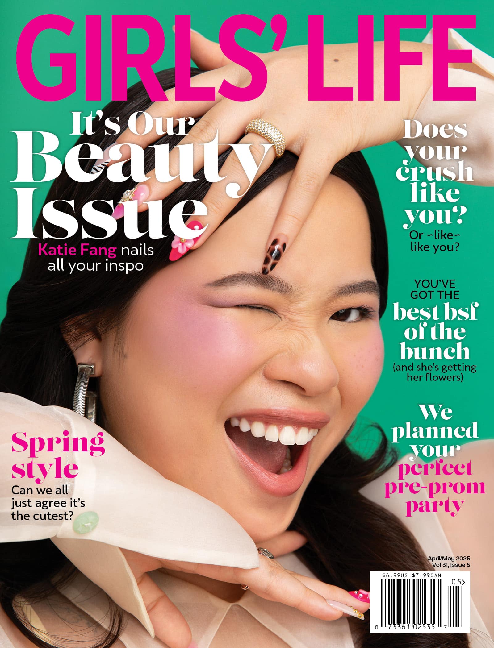 A smiling young woman with manicured nails poses playfully on the colorful cover of Girls’ Life magazine’s Beauty Issue. Text highlights beauty tips, style ideas, relationship advice, and spring trends.