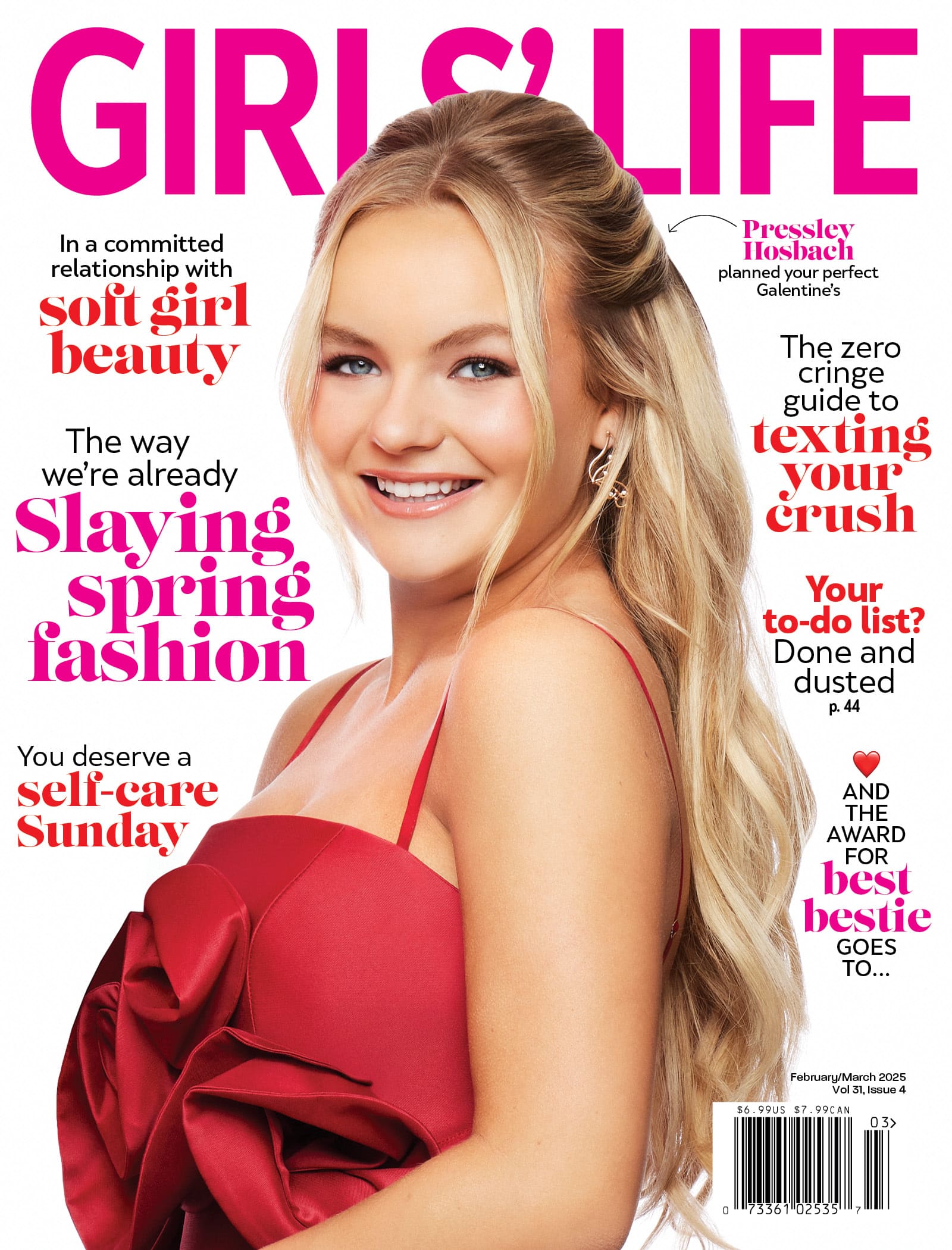 A smiling young woman with long blonde hair and a red dress is on the cover of Girls’ Life magazine, surrounded by headlines about beauty, spring fashion, self-care, and teen advice.