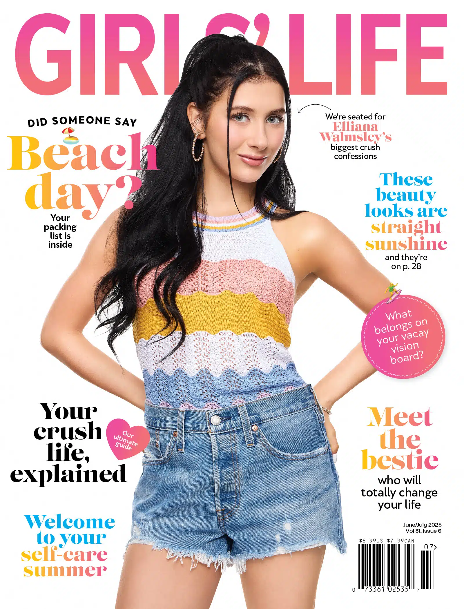 A teen girl with long dark hair in pigtails wears a colorful striped knit tank top and denim shorts, smiling with one hand on her hip. The cover features magazine headlines about summer, beauty tips, and crush advice.
