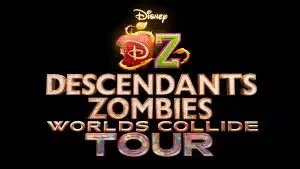 Logo for the Disney Descendants Zombies Worlds Collide Tour, featuring a bitten apple and a stylized Z above bold, shiny gold and rainbow Worlds Collide Tour text on a black background.