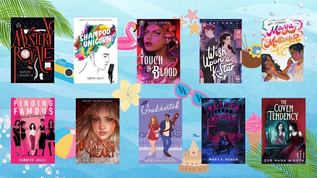 A colorful display of 10 diverse YA book covers set against a summer beach-themed blue background with seashell, flamingo, leaf, and sandcastle illustrations—featuring hot books and perfect summer reads like Mistery Royale and Touch of Blood.