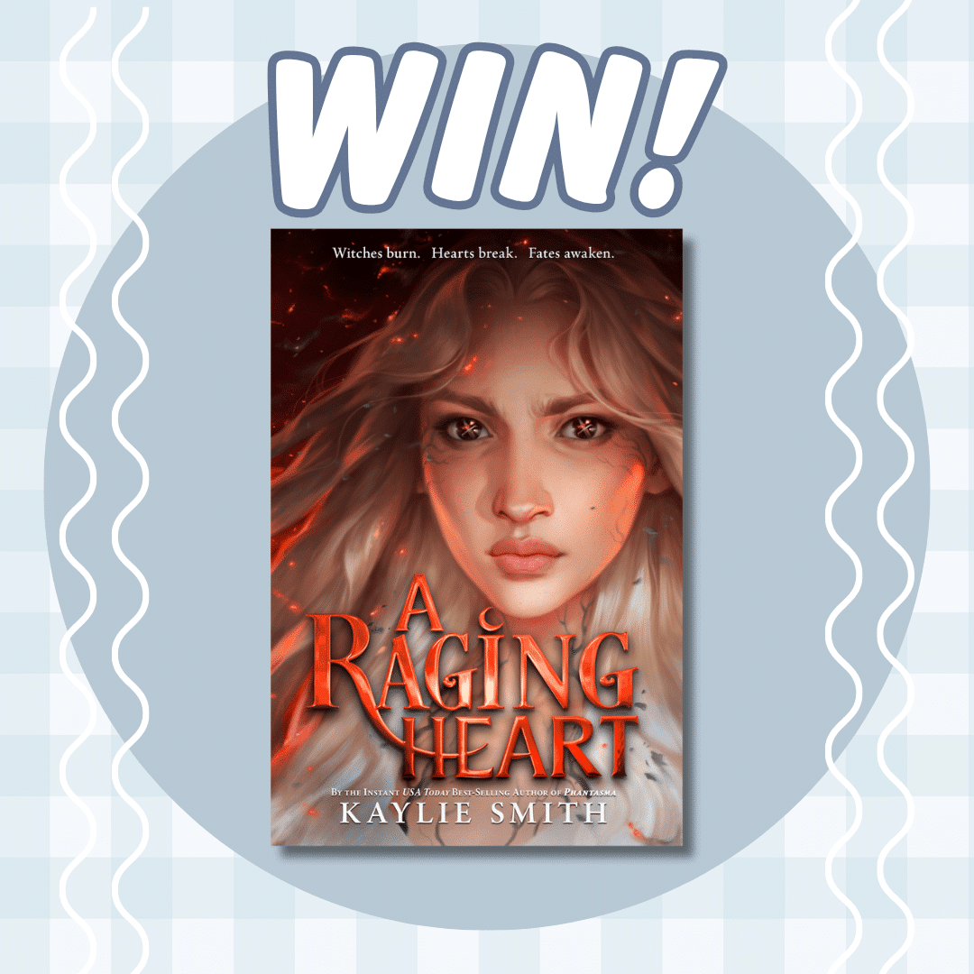 A giveaway graphic featuring the text WIN! above the book cover of A Raging Heart by Kaylie Smith, which shows a serious young woman with flowing hair and fiery tones. Wavy lines border the image on each side.