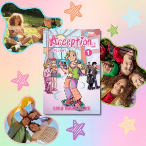 A colorful comic book cover titled Acception #Losers by Coco Ouwerkerk is centered, surrounded by playful star doodles and three photos of diverse, smiling kids and teens outdoors—perfect for sharing friendship tips or learning how to make a bestie.
