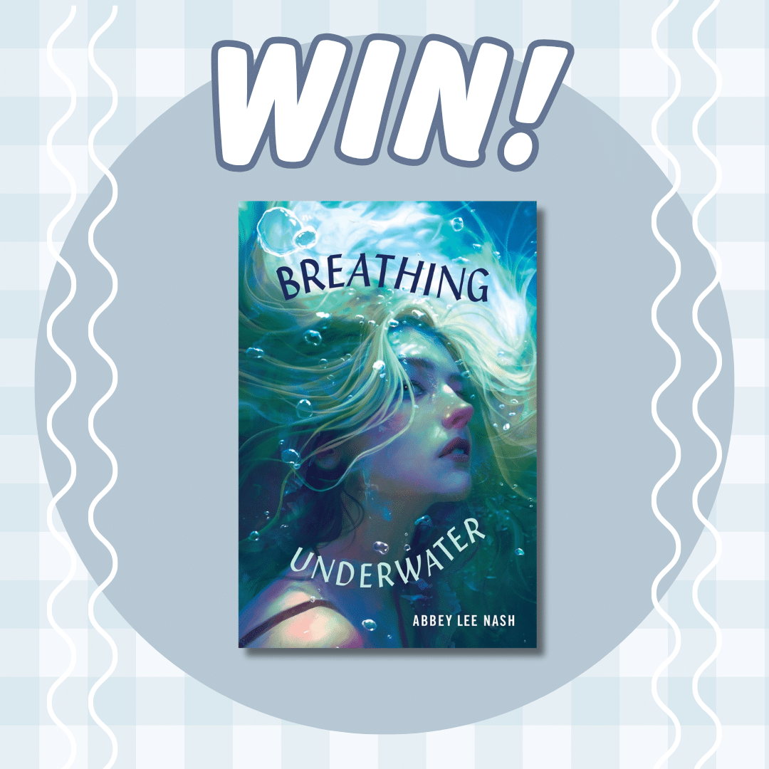 Book giveaway graphic featuring Breathing Underwater by Abbey Lee Nash, with an illustrated cover of a girl underwater. The word WIN! appears above the book against a blue and white patterned background.