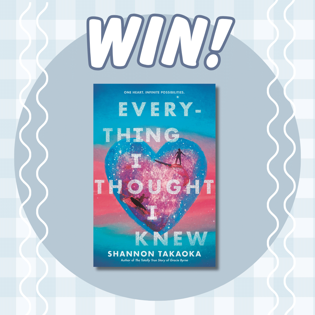 Book giveaway graphic with the word WIN! above the cover of Everything I Thought I Knew by Shannon Takaoka, which features a heart with a cosmic scene and silhouettes of two people. Blue, wavy checkerboard background.