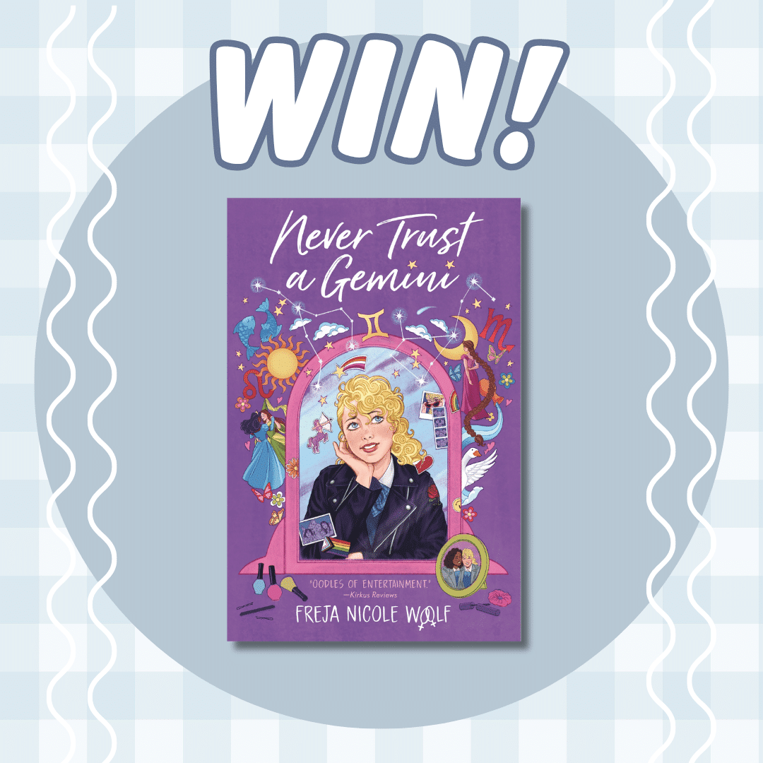 Illustration of a giveaway with “WIN!” at the top and the book “Never Trust a Gemini” by Freja Nicole Wolf pictured in the center, featuring a cartoon character surrounded by zodiac-themed illustrations.
