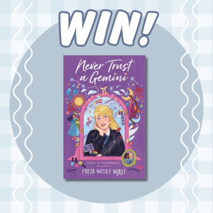 Illustration of a giveaway with “WIN!” at the top and the book “Never Trust a Gemini” by Freja Nicole Wolf pictured in the center, featuring a cartoon character surrounded by zodiac-themed illustrations.