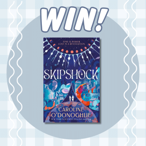 An illustrated book cover for Skipsock by Caroline ODonoghue is centered under the word WIN! on a blue checkered background with wavy white lines.