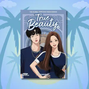 The cover of the True Beauty webtoon, a great pick for your summer TBR, shows a stylish young man and woman with fair skin and brown hair in navy outfits, standing before an ornate background with palm trees and a blue sky.