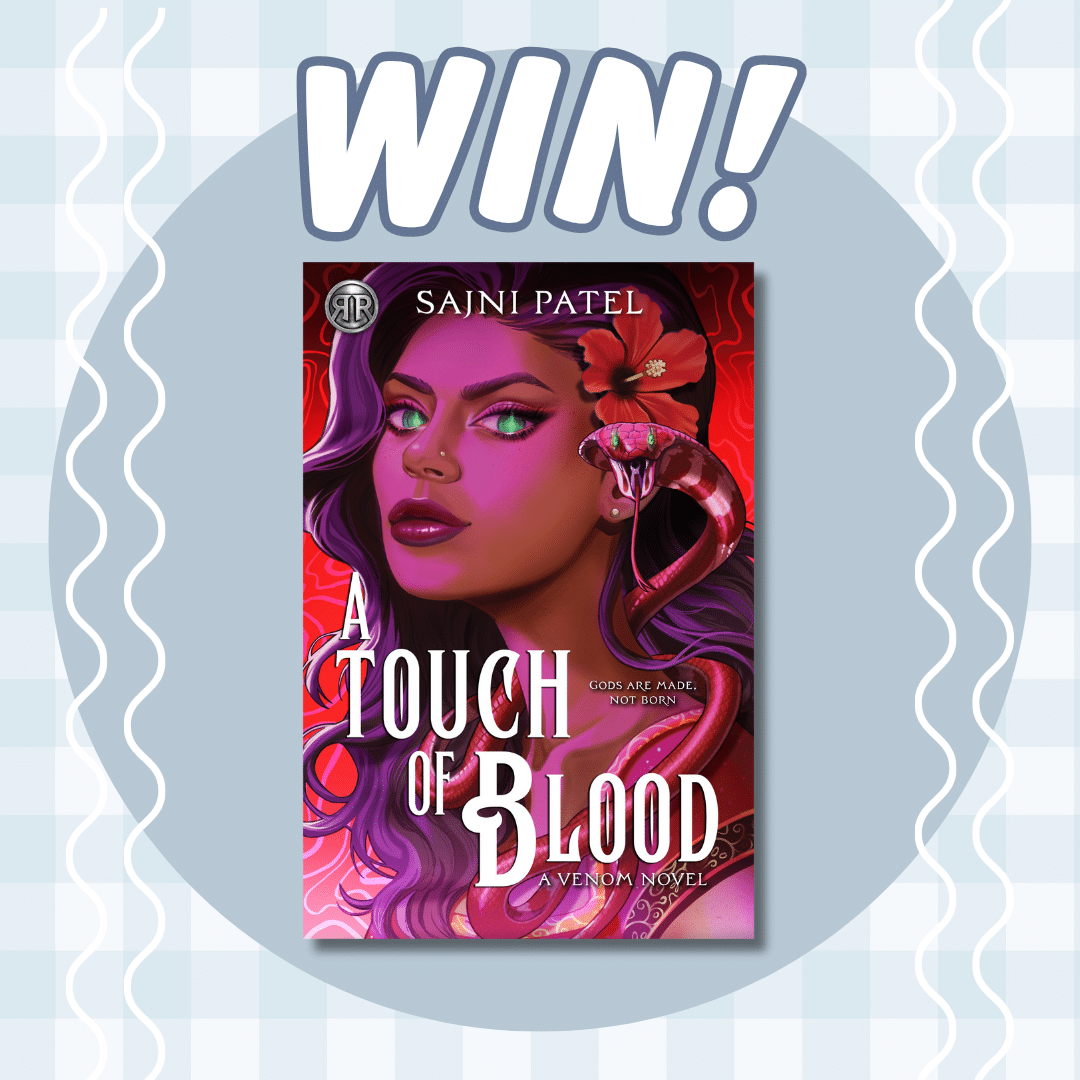 A giveaway graphic with the word WIN! above the book A Touch of Blood by Sajni Patel. The book cover features a purple-haired woman with a red flower and snake on a red background.