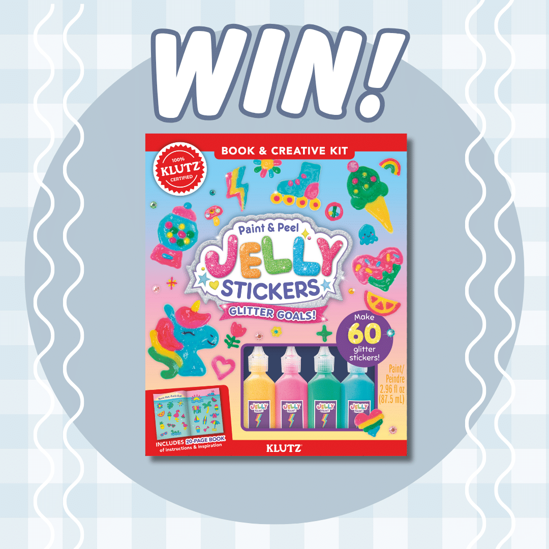 A colorful “WIN!” graphic features a Klutz Paint & Peel Jelly Stickers Glitter Goals craft kit, which includes paint bottles and sticker designs of rainbows, unicorns, and treats on a light blue checkered background.