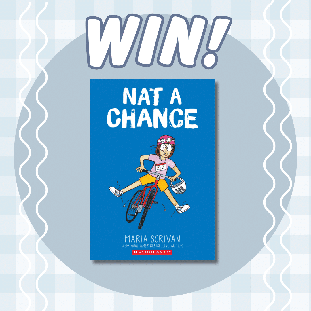 Contest graphic with the word WIN! above the cover of the book Nat Enough: Nat a Chance by Maria Scrivan, featuring a cartoon girl on a bike over a blue checkered background.