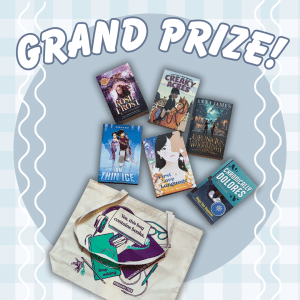 Six middle grade books are displayed above a tote bag with a cat and the text Yes, this bag contains books. Stop asking. The words GRAND PRIZE! appear at the top of the image.