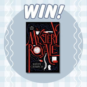 A book titled Mystery Royale by Kaitlyn Calavancia is centered on a blue and white checkered background with WIN! in bold letters above it. The book cover features red and white illustrations and decorative elements.