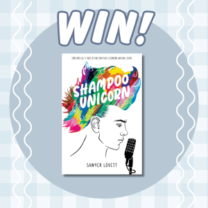 A book giveaway announcement featuring Shampoo Unicorn by Sawyer Lovett. The book cover shows a stylized illustration of a persons profile with colorful hair and a microphone, set against a patterned background with the word WIN! above.