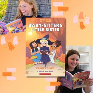 A graphic novel titled Karens Ghost is centered between two photos of girls reading the book, with orange and peach ghost illustrations in the background—perfect for your next bestie book club or anyone whos ever been ghosted by a friend.