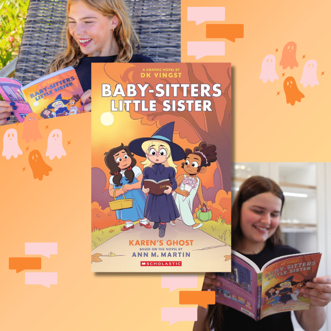 A graphic novel titled Karens Ghost is centered between two photos of girls reading the book, with orange and peach ghost illustrations in the background—perfect for your next bestie book club or anyone whos ever been ghosted by a friend.