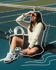 A woman in a white sweater and black skirt sits on a tennis court by the net, shading her eyes from the sun. She has a large bag beside her and artistic white doodles accent the image.