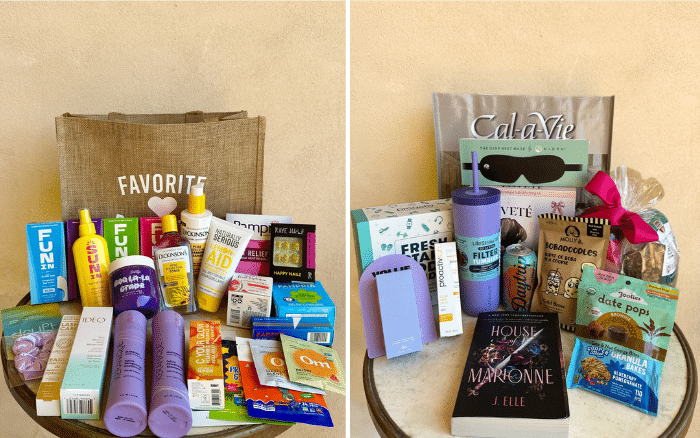 Two gift bags on tables contain assorted self-care and snack items to help you relax and refresh, including sunscreen, skincare products, snacks, a tumbler cup, book, and sleep mask—each with colorful packaging and Cal-a-Vie Health Spa treats.