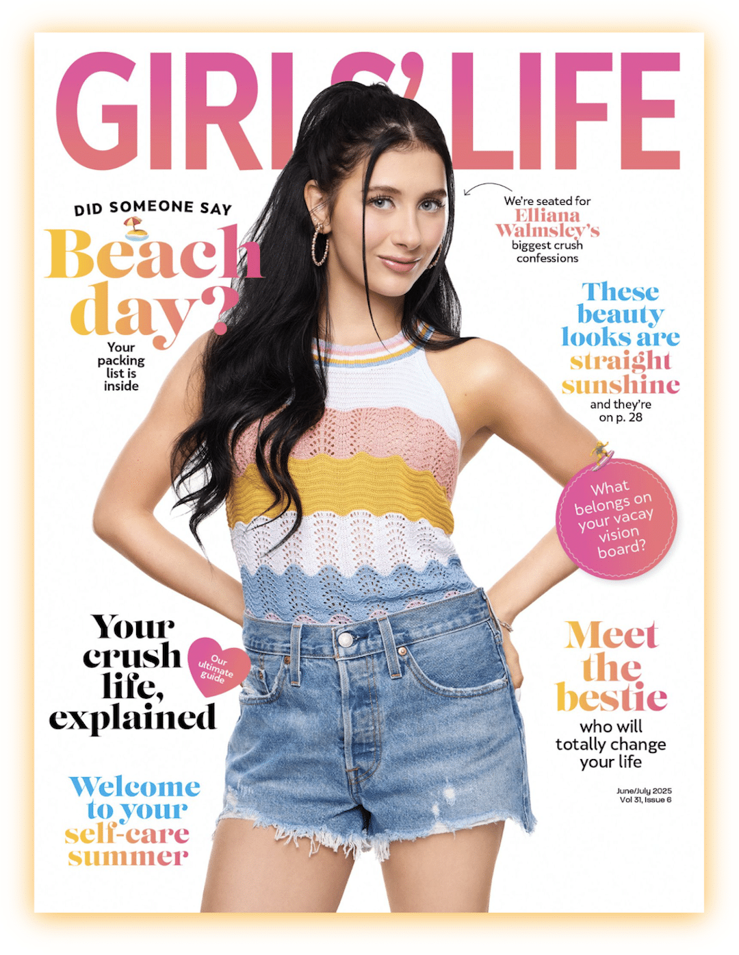 A smiling teen girl with long dark hair in pigtails, wearing a colorful sleeveless top and denim shorts, poses with one hand on her hip on the June/July issue of Girls Life magazine featuring summer themes and article headlines.