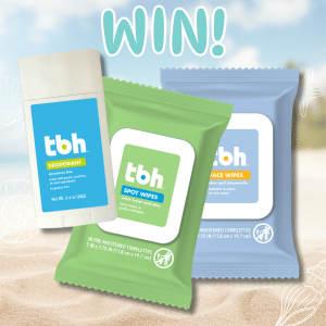 Three tbh. skincare products—deodorant, spot wipes, and face wipes—are displayed on a bright, blurred beach background with the word WIN! in bold white text above them.