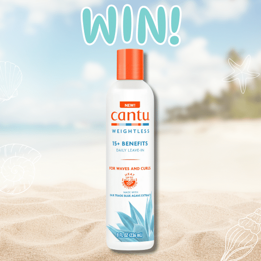 A bottle of Cantu Weightless Daily Leave-In Cream stands on a sandy beach with seashells and the ocean in the background. The word “WIN!” appears above the bottle, highlighting your chance to experience Cantu Weightless hair care.