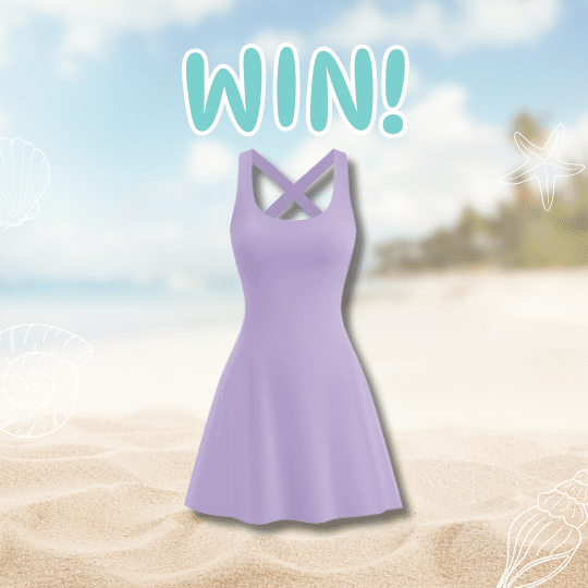 A Glowmode Dress in lilac, featuring a fitted bodice and flared skirt, is displayed on a sandy beach background with seashell and starfish illustrations. The word WIN! appears boldly above the dress.