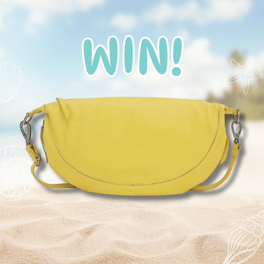 A yellow Latico Bag with a shoulder strap sits on sand against a beach backdrop. The word WIN! is boldly written above in white and teal, surrounded by playful seashell and starfish graphics.