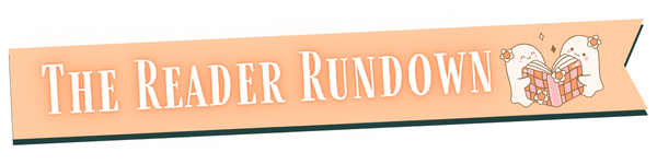A peach-colored banner with white text reading The Reader Rundown. On the right, two cute ghost-like characters—like members of your Bestie Book Club—are reading open books with pink covers.
