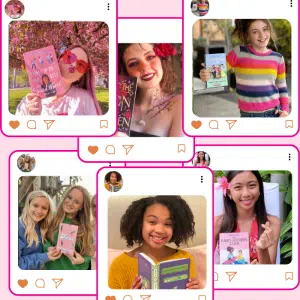 A collage of six girls smiling and holding books, each framed as if in a Girls Life social media post. The backgrounds feature flowers, outdoor scenery, and cozy indoor settings, creating a cheerful and colorful atmosphere.