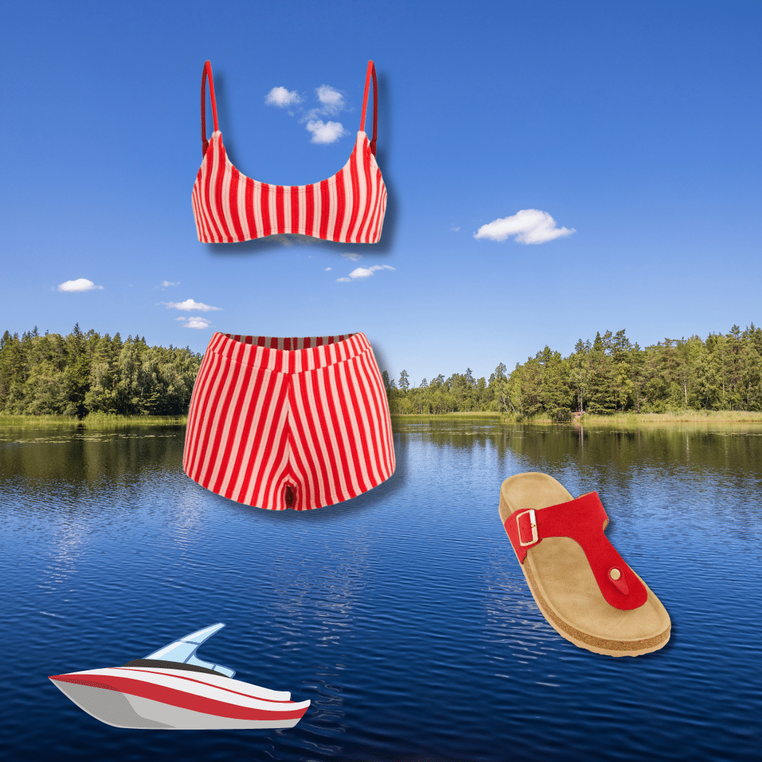 Red stripe short and bikini top set paired with red sandals